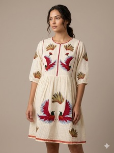 Boho Embroidered Cotton Midi Dress <b>Three</b> Quarter Sleeve A-Line Loose Fit O-Neck Natural Waist Animal Pattern Spring Daily Wear - Product Image 4