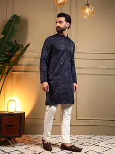 <b>Men</b> Navy Blue Silk <b>Kurta</b> Pajama Set Regular Fit Traditional Indian Pakistani Knee-Length Wrinkle Free Wedding Wear - Product Image 3