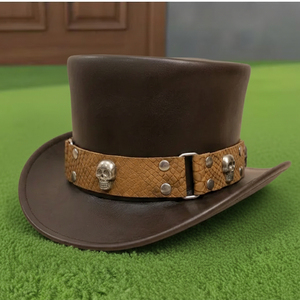 Diseña tu propio sombrero de copa de cuero marrón hecho a mano de calidad premium, estilo steampunk gótico para motociclistas y festivales. - Product Image 5