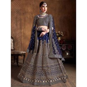 Adorable Navy Blue <b>Sequins</b> Raw Silk Lehenga Choli with Dupatta for Prom Dresses - Product Image 1