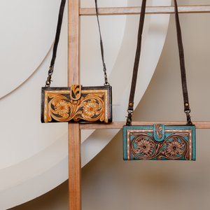 กระเป๋าหนังสะพายข้างสำหรับผู้หญิงคุณภาพสูงเป็นเครื่องมือทำจากหนังแท้สไตล์ตะวันตกกระเป๋าสตางค์หรูหราหนังวัวลายดอกไม้สีเขียวขุ่น - Product Image 4