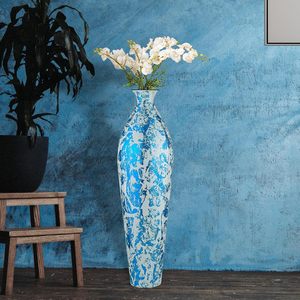 Florero Metálico de Calidad Superior, Tamaño Largo, para Oficina o Sala de Estar, Color Azul con Diseños de Puntos Blancos, Decoración de Mesa Disponible - Product Image 3