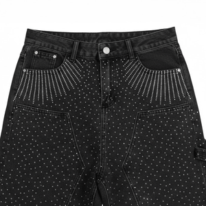 Shorts cargo en jean noir pour homme, taille mi-haute, déchirés, effet vieilli, décorés de strass, style vintage, respirants, coupe-vent, écologiques, décontractés - Product Image 4