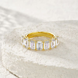 Trendy 925 <b>Silver</b> Gold Plated Classic <b>Emerald</b> Cut Moissanite Stacking Wedding <b>Rings</b> Bezel Setting Half Eternity Matching Band - Product Image 2