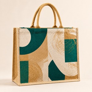 Sac fourre-tout de plage en jute à imprimé géométrique, fermeture éclair, longue poignée en corde, logo personnalisé, cadeaux d'entreprise, réutilisable pour le shopping - Product Image 4