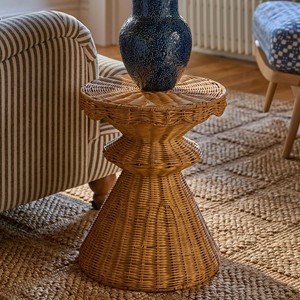 New Design Handcrafted Natural Rattan Hourglass Side <b>Table</b> Scalloped Rim Accent <b>Stool</b> Suitable for Living Room & Bedroom Decor - Product Image 1