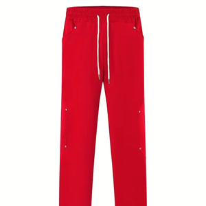 Nouveau style – Pantalon de survêtement rouge pour homme, taille élastique avec cordon de serrage, poches latérales, décontracté, tricoté, poids moyen, devant plat - Product Image 1