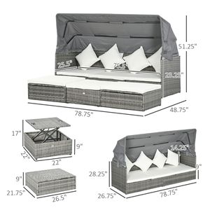 Set Divano da Esterno in Vimini Regolabile in Altezza con Tettuccio Retrattile e Cuscini - 4 Pezzi Crema - Product Image 3