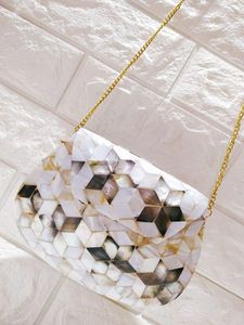 Best Fashion Mother of Pearl Inlay <b>Clutch</b> Handbag in <b>White</b> MOP with Chains for Girls & Ladies - Product Image 4