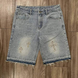 Shorts en jean épais pour homme, style vintage, ornés de strass et cristaux, 100% coton, tissés, taille mi-haute, service OEM - Product Image 3