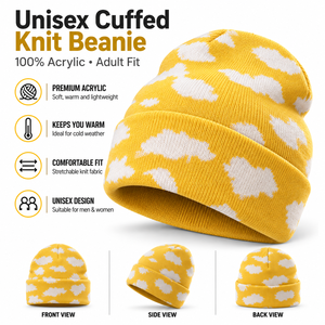 Gorro de Punto Unisex con Puño, 100% Acrílico, para Adulto, de Invierno, Suave y Cálido, con Patrón de Nubes, Personalizado, Desgastado, para Exteriores - Product Image 1
