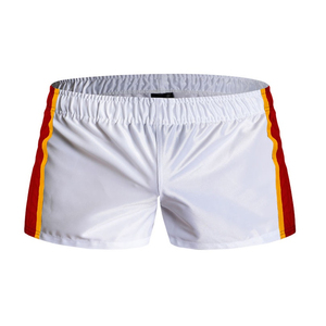 Shorts de sport pour homme en polyester blanc à séchage rapide avec bande latérale rouge et jaune, taille élastique, longueur mi-cuisse, décontractés - Product Image 1