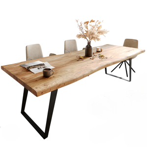 Table de salle à manger rectangulaire en bois massif d'acacia indien, bord brut, base métallique, écologique, sur mesure, pour la maison et la cuisine – Offre Spéciale - Product Image 1