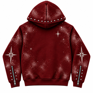 Men's Oversized Burgundy Zip Up Hoodie Embroidered Letter <b>Star</b> Pattern Studded Hip Hop Sweatshirt - Product Image 5
