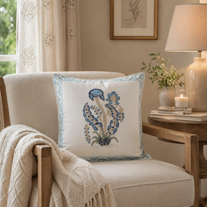 Decorative Blue Botanical Cotton Pillow Cover Hand Block Print Cushion Case for Sofa Couch Lounge Decor - Product Image 4