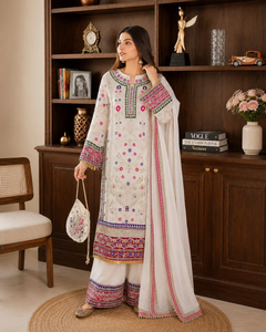 Women's Embroidered Woven Full Sleeve Salwar Kameez Set Floral Digital Print Cotton Outfit Farshi Shalwar Khadi Dupatta All - Product Image 2