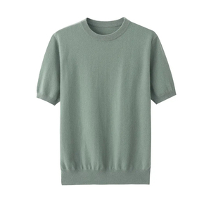 T-shirt décontracté pour homme, uni, crème, manches courtes, 100% coton, col rond, tricoté, coupe classique - Product Image 2
