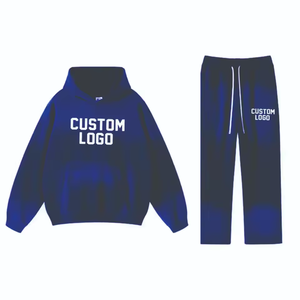 Ensemble de survêtement en molleton bleu turquoise pour homme, sweat-shirt à capuche et pantalon de jogging, deux pièces, vêtements de sport d'hiver - Product Image 1