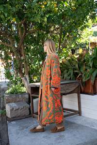 Long Eco-Friendly Floral Embroidered Printed <b>Quilted</b> <b>Jacket</b> Orange <b>Pattern</b> Full Sleeve Women's Autumn Wear Woven Polyester - Product Image 2