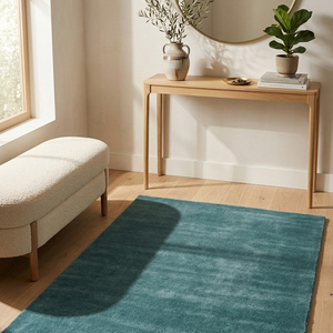 Tapis texturé en laine bleu sarcelle tufté à la main, antidérapant, à poils épais, uni, pour salon, chambre, salle à manger, maison moderne - Product Image 2