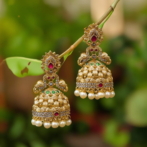 JeweleMarket Designer Dangle <b>Earrings</b> with Potstone and Pearl Fine Jhumki 10575655PGR - Product Image 3
