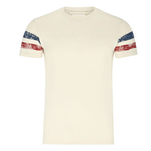 T-shirt à manches courtes pour homme, couleur crème, avec manches rayées rouge, blanc et bleu, col rond, coupe décontractée en jersey - Product Image 3