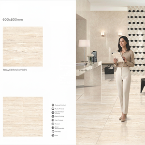 Carreaux de porcelaine vitrifiée brillants Travertino Ivory 60x60cm, aspect pierre travertin, résistants aux acides, revêtement de sol commercial haut de gamme - Product Image 1