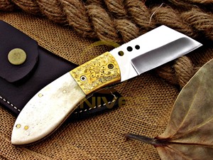 Cuchillo Plegable Hecho a Mano con Mango de Hueso, Cuchillo de Bolsillo Afilado con Funda de Cuero - Product Image 2