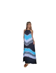 Women’s Halter <b>Neck</b> <b>Tie</b>-Dye Maxi Dress Blue Gradient Bohemian Long Dress Flowy Vacation Beachwear - Product Image 2