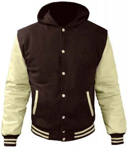 Custom Men Varsity Jacket Plain Hooded <b>Brown</b> <b>Wool</b> Body And Cream Leather Sleeve Letterman Jacket - Product Image 2