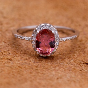 Anillo de Plata de Ley 925 al por Mayor con Turmalina Rosa Ovalada Natural y Circonita Cúbica, Joyas Memoria - Product Image 4