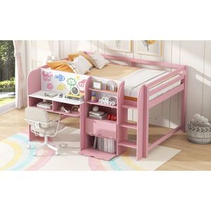 Letto a soppalco basso bianco e rosa a grandezza naturale con scrivania integrata, armadietti contenitori, libreria aperta e lavagna per graffiti - per camerette dei bambini (ETA 7/8) - Product Image 4