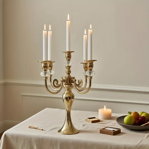 Gold polished brass five <b>light</b> candelabra featuring clear crystal band accents, available at wholesale prices. - Product Image 1