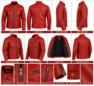 <b>Men's</b> <b>Red</b> PU <b>Leather</b> Moto <b>Jacket</b> Stand Collar Zipper Closure Slim Fit Regular Sleeve Autumn Wear - Product Image 5