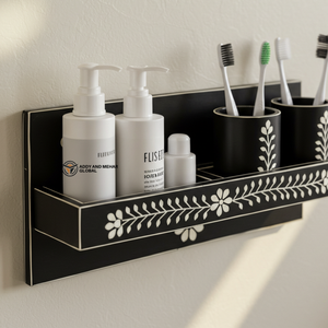 ชั้นวางของติดผนังลายดอกไม้สีดำพร้อมงานฝังกระดูกดำแบบพรีเมียม ชุดอุปกรณ์ห้องน้ำทำมือ ชั้นวางของติดผนังลายดอกไม้สีดำพร้อมงานฝังกระดูกดำ - Product Image 4