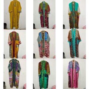 Robe Kimono Maxi Vintage en Soie Recyclée pour Femme, Élégante, Patchwork, Col en V, Cordon de Serrage, Respirante, Séchage Rapide, Idéale pour l'Été - Product Image 1