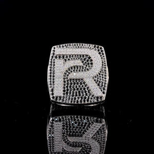 Anillo de Plata de Ley 925 con Moissanita y Diamante, Letra R, Piedra Negra, Tono Dorado, Joyería de Lujo para Compradores Mayoristas - Product Image 1