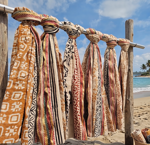 En gros, Foulard, Sarong, Paréo, Châle de plage en coton et soie, fait main, à motif floral imprimé au bloc Bagru, avec bordure en soie - Product Image 6