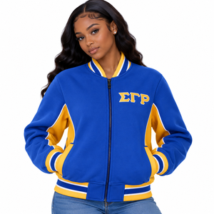 Chaqueta de Calentamiento Air Tech Fleece para Mujer en Azul Rey, Amarillo y Blanco con Letras Bordadas, Cierre Completo y Puños Acanalados, Ropa Exterior Informal - Product Image 1