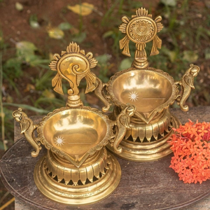 Premium Brass Diya Stand Set with Decorative Back Pattern Multi Wick Oil <b>Lamp</b> for Home Temple Puja and Traditional Festive Decor - Product Image 1