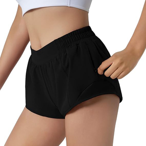 Shorts de sport pour femmes noires, taille haute, en polyester, avec poche latérale zippée, cordon de serrage dissimulé, respirants, pour yoga - Product Image 4