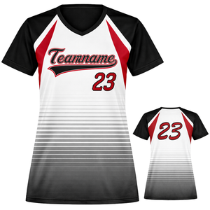 Camiseta de Softbol Sublimada con Tinte Completo, Degradado Blanco, Negro y Rojo, Cuello en V, Uniforme Personalizado para Equipo con Número Impreso en la Espalda - Product Image 1