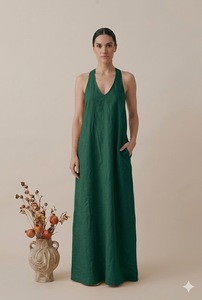 Vestido Maxi Verde sin Mangas, Corte Holgado, Cintura Natural, Color Sólido, 100% Lino, Tejido Transpirable, Estilo Minimalista - Product Image 2