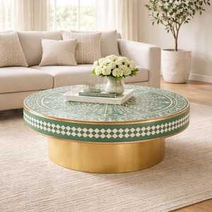 Bone Inlay Coffee <b>Table</b> – Luxury Floral Center <b>Table</b>, Decorative Living Room Furniture Modern <b>Round</b> Coffee <b>Table</b> - Product Image 3