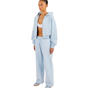Womens Cropped Full <b>Zip</b> Hooded Tracksuit Set Relaxed Straight Leg <b>Trousers</b> Drawstring Waist Everyday Two Piece Athleisure Outfit - Product Image 3