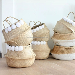 Cesta plegable para el vientre de algas marinas naturales para almacenamiento de ropa, decoración Bohemia, organizador hecho a mano con tapa, respetuoso con el medio ambiente y duradero - Product Image 2