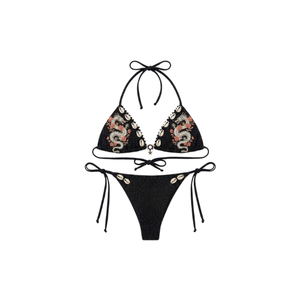 Conjunto de Bikini Negro con Cuentas y Diseño Personalizado, con Escote Halter y Tanga, Traje de Baño para Mujeres y Niñas - Product Image 1