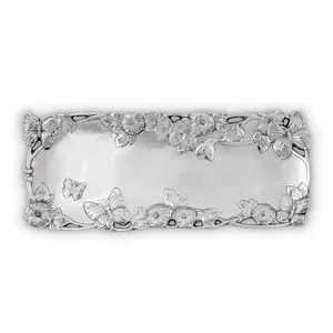 Plateau décoratif carré en métal argenté avec motif floral gravé, poignée de style traditionnel pour la décoration intérieure, style corde rustique français - Product Image 3