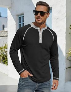 Men's O-Neck Long Sleeve <b>Henley</b> Shirt Contrast Trim Solid Color Casual Knitted 100% Cotton Regular Fit Eco-Friendly Breathable - Product Image 3