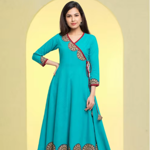 Womens Teal Cotton Slub Patch Work Angrakha Style Anarkali Kurta With V Neck <b>Three</b> Fourth Sleeves Crafted For Global Ethnic Wear - Product Image 1